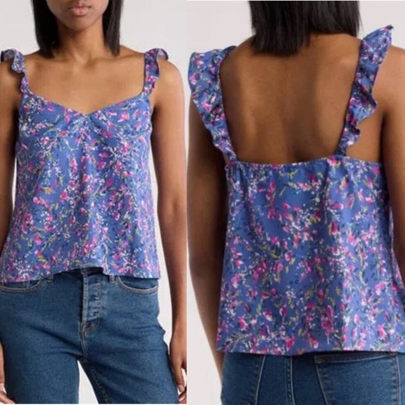 ⭐️3For$25 French Connection Floral Blue Ruffle Strap Top - Picture 1 of 6